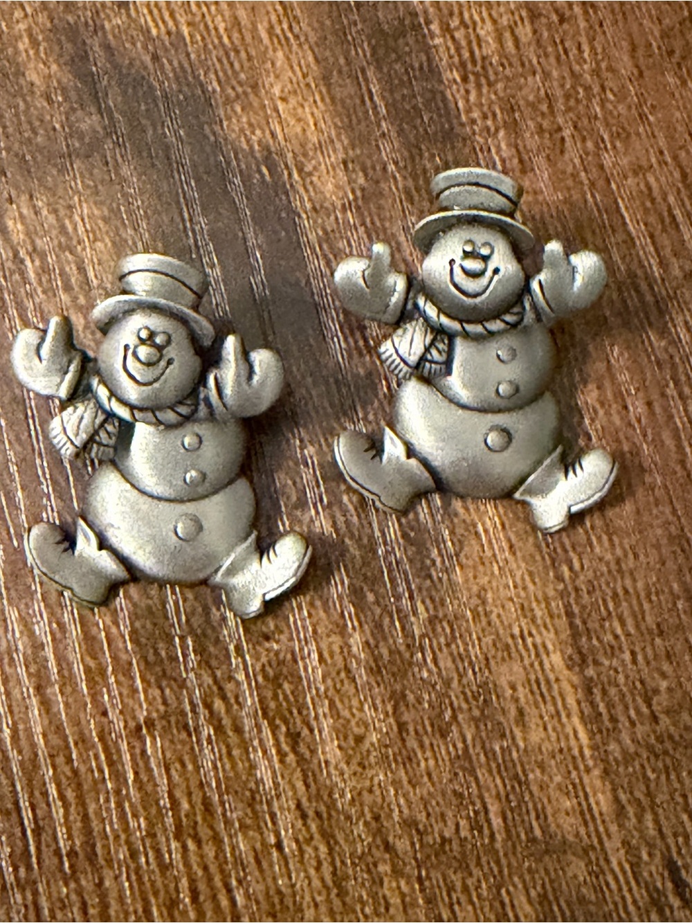 Vintage Spoontiques Dimensional Snowman Post Earrings Pewter Christmas Signed